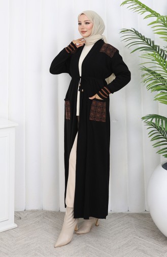 Cardigan Long Brodé En Maille 0027-06 Noir 0027-06