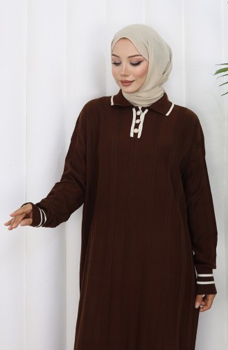 Triko Polo Yaka Düğmeli Elbise 1135-06 Kahverengi