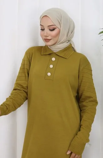 Triko Polo Yaka Düğme Elbise 1141-08 Yağ Yeşili