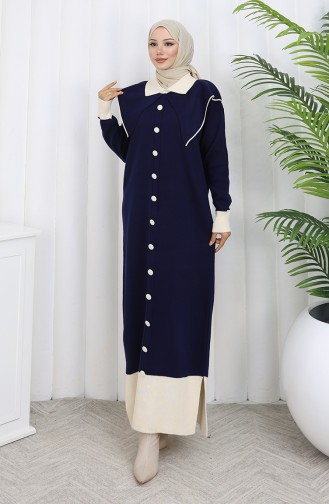 Gebreide Jurk Met Knoopjeskraag En Details 0513-01 Marineblauw 0513-01