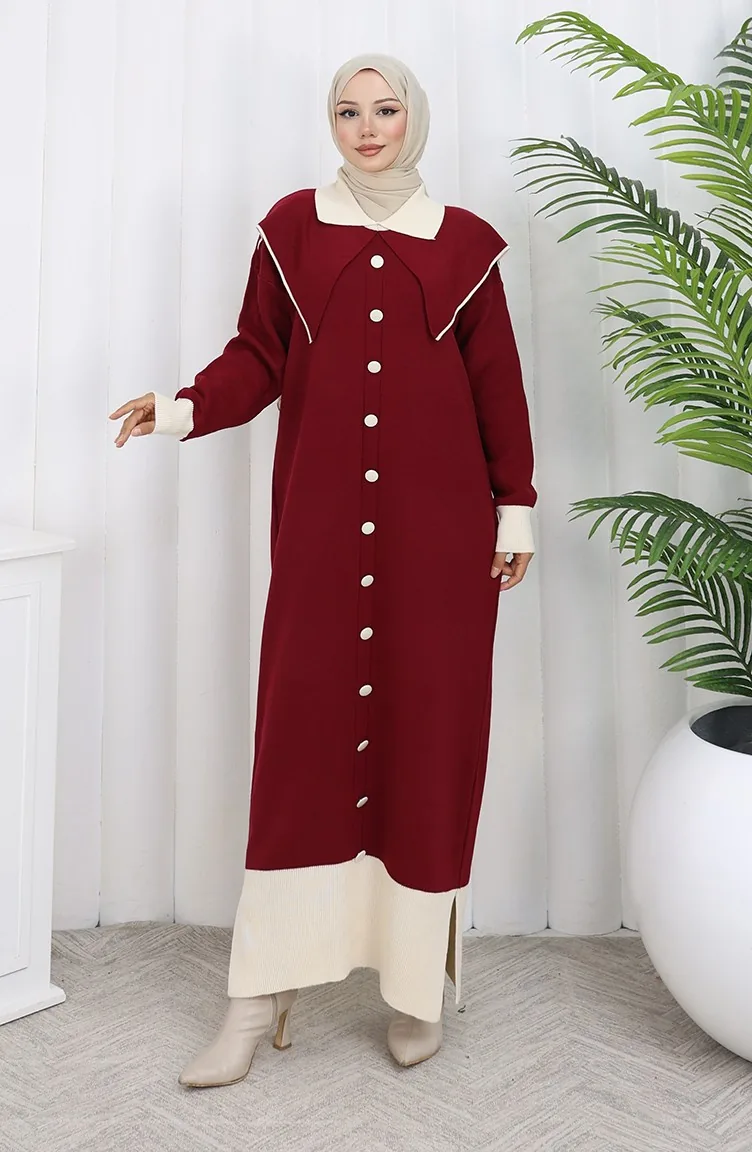 Strickkleid Mit Button-Down-Kragen 0513-04 Weinrot 0513-04