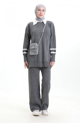 Gebreide Kraag Gedetailleerde Tuniek Broek Tweedelig Set 1002-10 Rook 1002-10