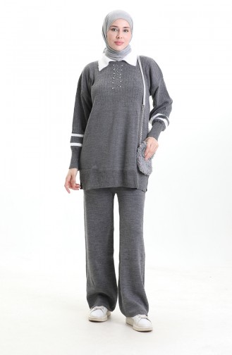 Gebreide Kraag Gedetailleerde Tuniek Broek Tweedelig Set 1002-10 Rook 1002-10
