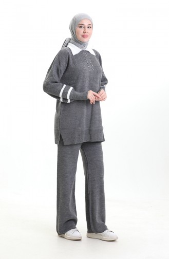 Gebreide Kraag Gedetailleerde Tuniek Broek Tweedelig Set 1002-10 Rook 1002-10