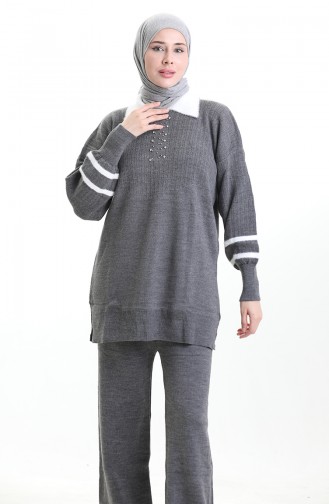 Gebreide Kraag Gedetailleerde Tuniek Broek Tweedelig Set 1002-10 Rook 1002-10