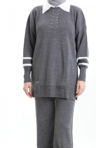 Gebreide Kraag Gedetailleerde Tuniek Broek Tweedelig Set 1002-10 Rook 1002-10