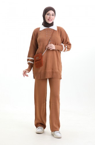 Gebreide Kraag Gedetailleerde Tuniek Broek Tweedelig Set 1002-11 Bruin 1002-11