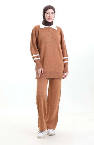 Gebreide Kraag Gedetailleerde Tuniek Broek Tweedelig Set 1002-11 Bruin 1002-11