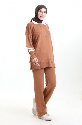 Gebreide Kraag Gedetailleerde Tuniek Broek Tweedelig Set 1002-11 Bruin 1002-11