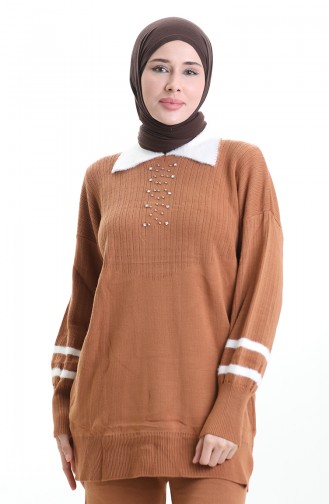 Gebreide Kraag Gedetailleerde Tuniek Broek Tweedelig Set 1002-11 Bruin 1002-11