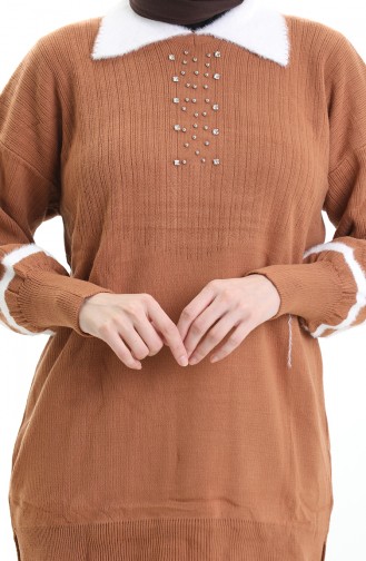 Gebreide Kraag Gedetailleerde Tuniek Broek Tweedelig Set 1002-11 Bruin 1002-11