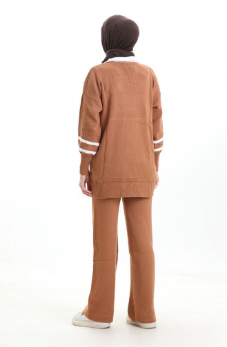 Gebreide Kraag Gedetailleerde Tuniek Broek Tweedelig Set 1002-11 Bruin 1002-11