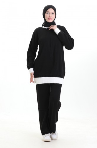 Ensemble Deux Pièces Tunique Et Pantalon En Tricot Orné De Perles 1011-09 Noir 1011-09