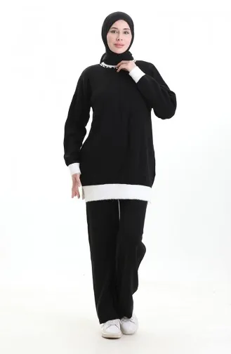 Knitwear Pearl Detailed Tunic Trousers Two Piece Suit 1011-09 Black 1011-09
