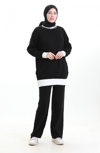 Ensemble Deux Pièces Tunique Et Pantalon En Tricot Orné De Perles 1011-09 Noir 1011-09