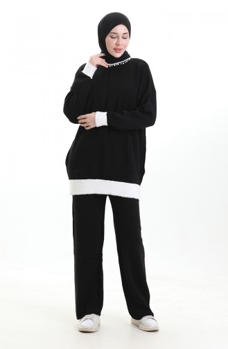 Ensemble Deux Pièces Tunique Et Pantalon En Tricot Orné De Perles 1011-09 Noir 1011-09