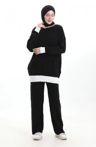 Knitwear Pearl Detailed Tunic Trousers Two Piece Suit 1011-09 Black 1011-09