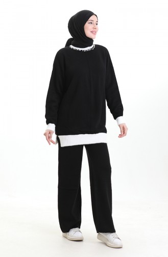 Ensemble Deux Pièces Tunique Et Pantalon En Tricot Orné De Perles 1011-09 Noir 1011-09