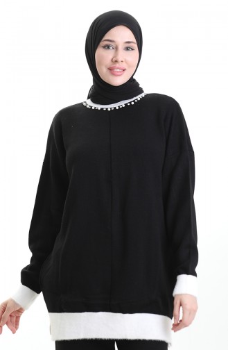 Ensemble Deux Pièces Tunique Et Pantalon En Tricot Orné De Perles 1011-09 Noir 1011-09