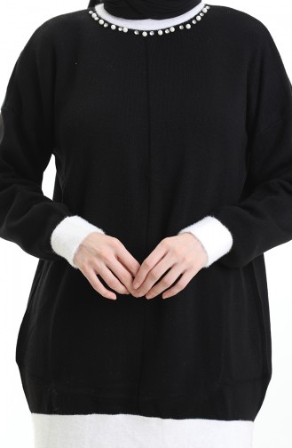 Ensemble Deux Pièces Tunique Et Pantalon En Tricot Orné De Perles 1011-09 Noir 1011-09