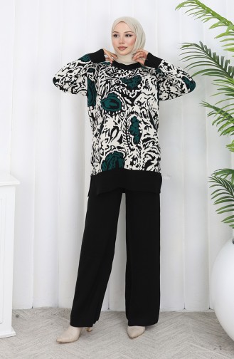 Ensemble Deux Pièces Tunique Et Pantalon Garnis En Tricot 1060-04 Pétrole 1060-04