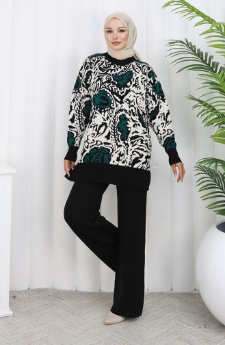 Ensemble Deux Pièces Tunique Et Pantalon Garnis En Tricot 1060-04 Pétrole 1060-04