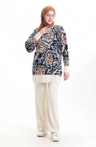 Ensemble Deux Pièces Tunique Et Pantalon Garnis En Tricot 1060-08 Beige 1060-08