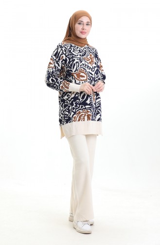 Ensemble Deux Pièces Tunique Et Pantalon Garnis En Tricot 1060-08 Beige 1060-08