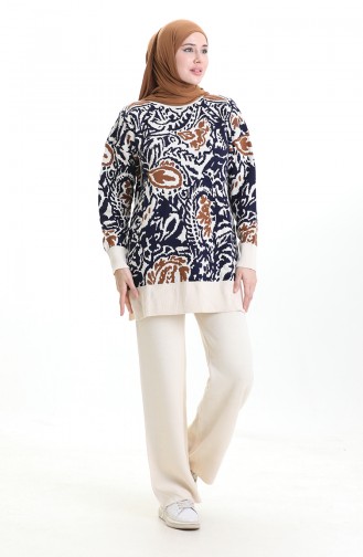 Ensemble Deux Pièces Tunique Et Pantalon Garnis En Tricot 1060-08 Beige 1060-08