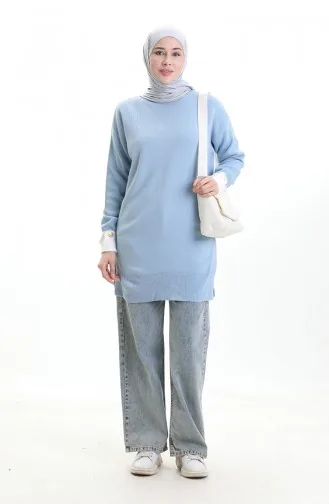 Knitwear Sleeve Button Detailed Garnished Tunic 3000-12 Blue 3000-12