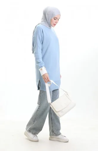 Knitwear Sleeve Button Detailed Garnished Tunic 3000-12 Blue 3000-12