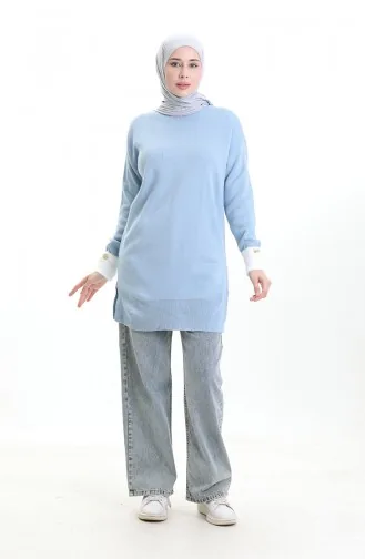 Knitwear Sleeve Button Detailed Garnished Tunic 3000-12 Blue 3000-12