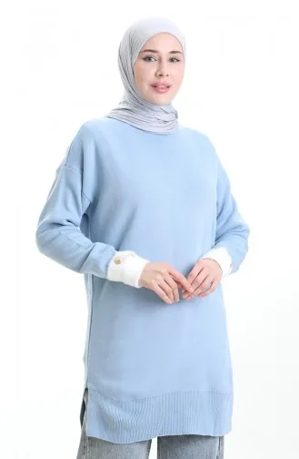 Knitwear Sleeve Button Detailed Garnished Tunic 3000-12 Blue 3000-12