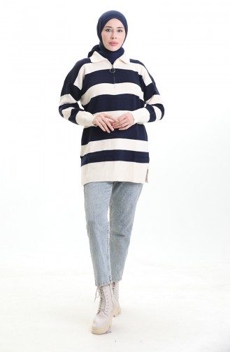 Tunique Zippée En Tricot Color Block 3003-12 Bleu Marine 3003-12