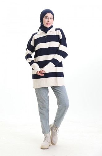 Tunique Zippée En Tricot Color Block 3003-12 Bleu Marine 3003-12
