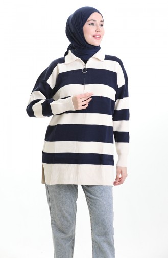 Tunique Zippée En Tricot Color Block 3003-12 Bleu Marine 3003-12