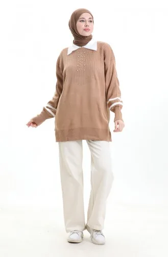 Triko Balon Kollu Yakalı Tunik 3007-13 Sütlü Kahve