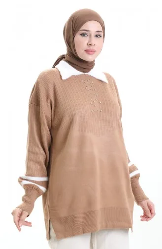Triko Balon Kollu Yakalı Tunik 3007-13 Sütlü Kahve