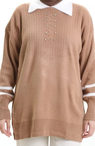 Triko Balon Kollu Yakalı Tunik 3007-13 Sütlü Kahve