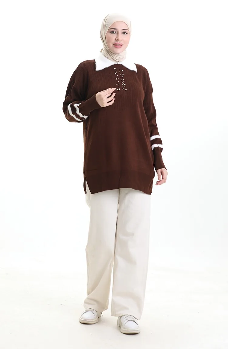 Triko Balon Kollu Yakalı Tunik 3007-14 Kahverengi