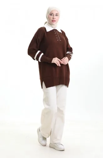 Triko Balon Kollu Yakalı Tunik 3007-14 Kahverengi