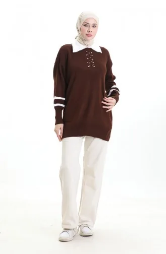Triko Balon Kollu Yakalı Tunik 3007-14 Kahverengi