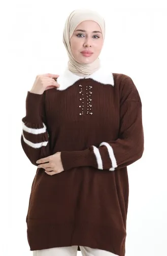 Triko Balon Kollu Yakalı Tunik 3007-14 Kahverengi