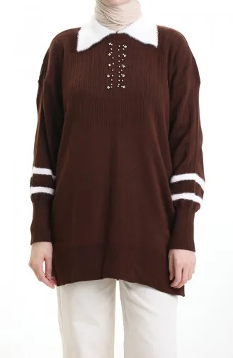 Triko Balon Kollu Yakalı Tunik 3007-14 Kahverengi