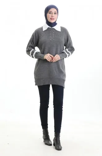 Triko Balon Kollu Yakalı Tunik 3007-15 Füme