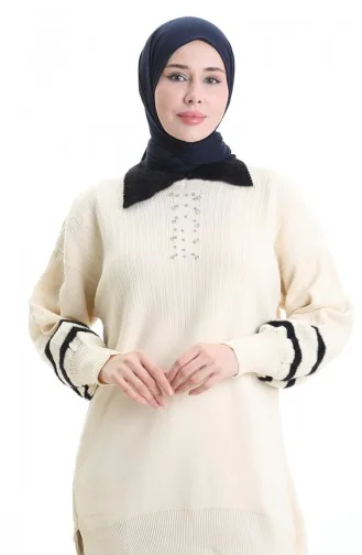 Triko Balon Kollu Yakalı Tunik 3007-16 Krem