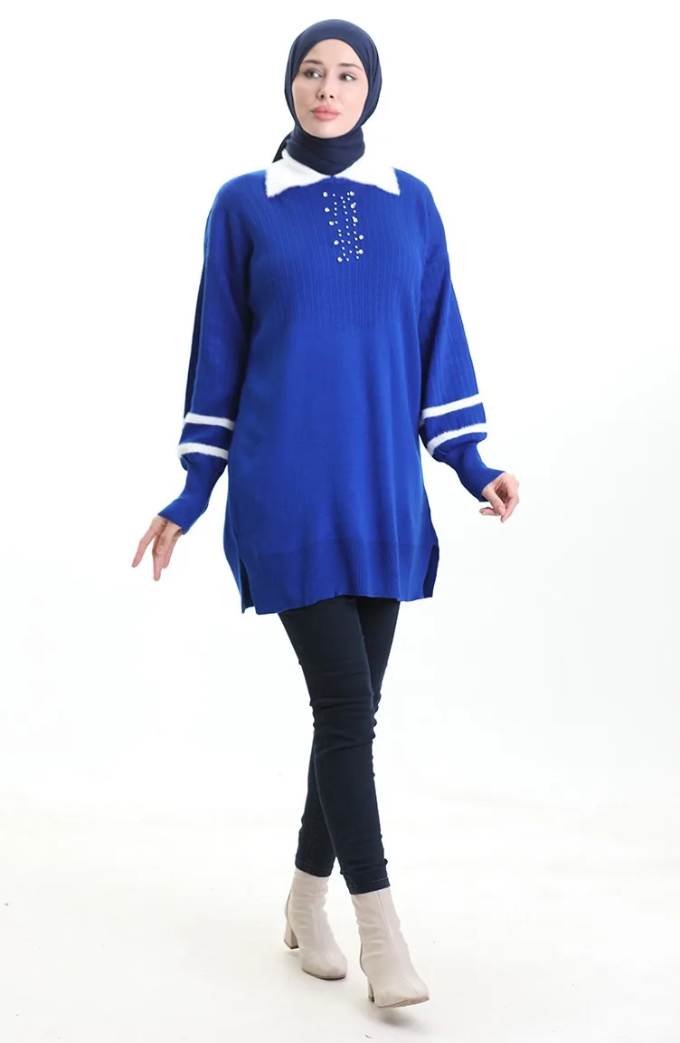 Triko Balon Kollu Yakalı Tunik 3007-17 Saks
