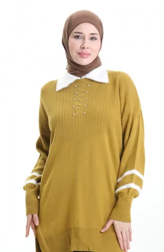 Triko Balon Kollu Yakalı Tunik 3007-18 Yağ Yeşili
