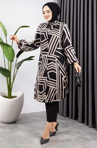 Tunique En Viscose à Motifs Géométriques 0173-01 Vison Noir 0173-01