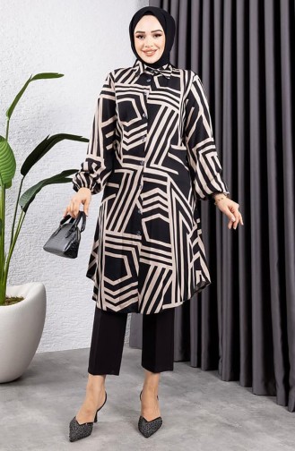 Tunique En Viscose à Motifs Géométriques 0173-01 Vison Noir 0173-01